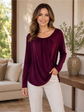 Robert Rodriguez Draped Long-Sleeve Top — Burgundy